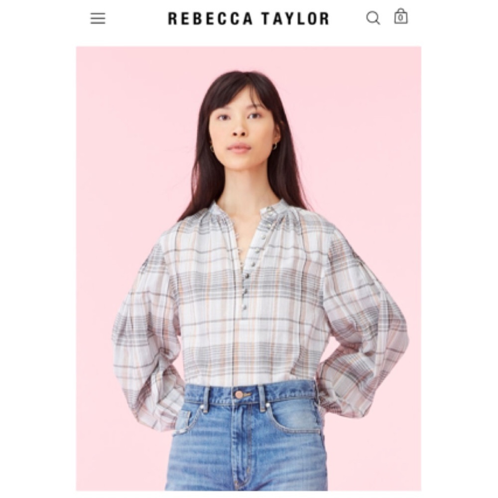 Rebecca Taylor La Vie Lurex Metallic Gauze Peasant Puffy Sleeve Blouse Top M